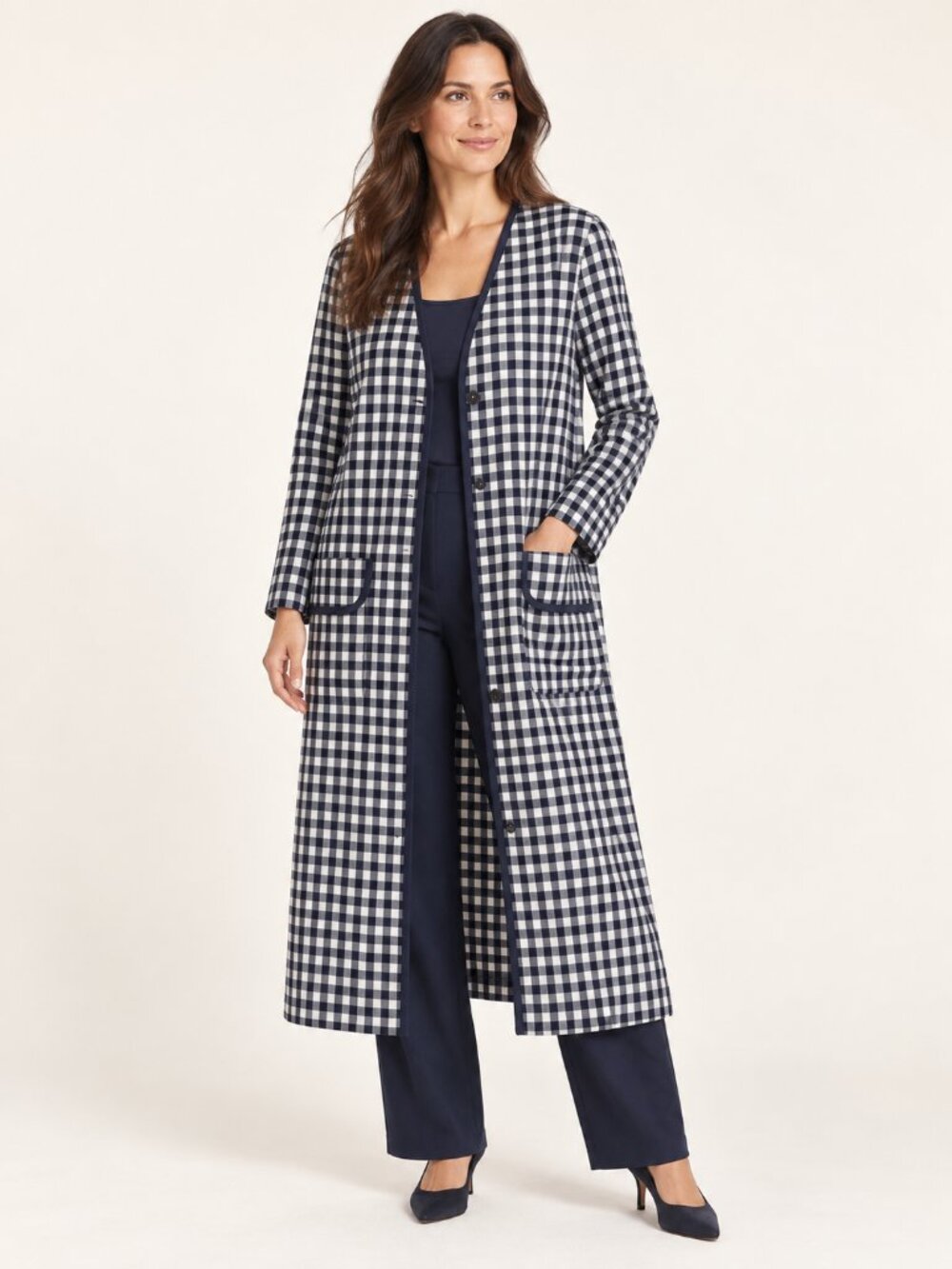 Women's Navy and White Gingham Long Trench Coat